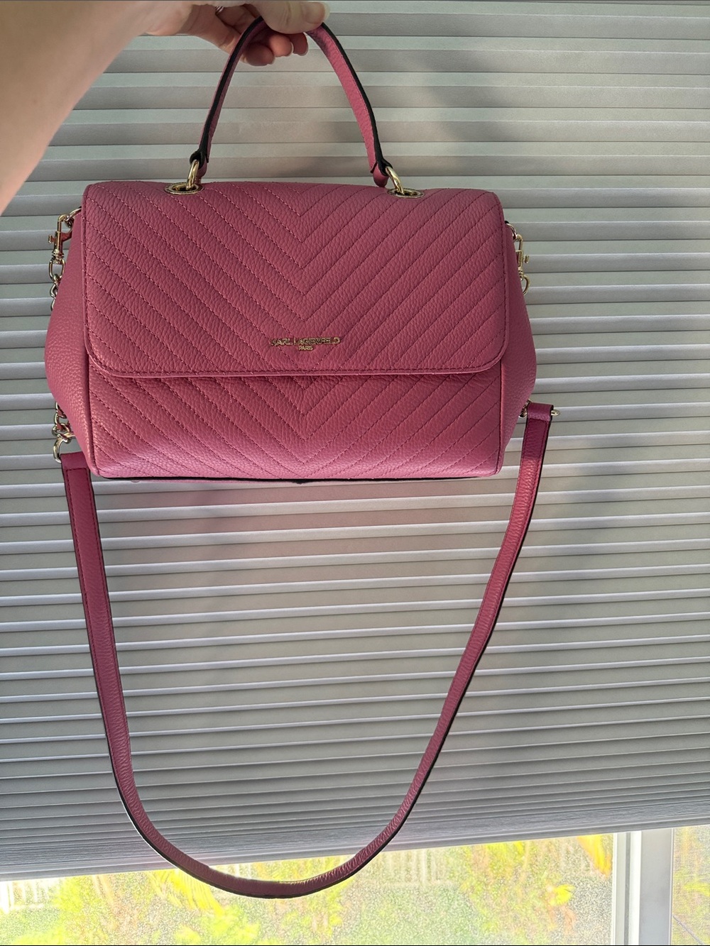 Karl Lagerfeld Pink Quilted Chevron Top-Handle Satchel with Chain Strap - Picture 3 of 5